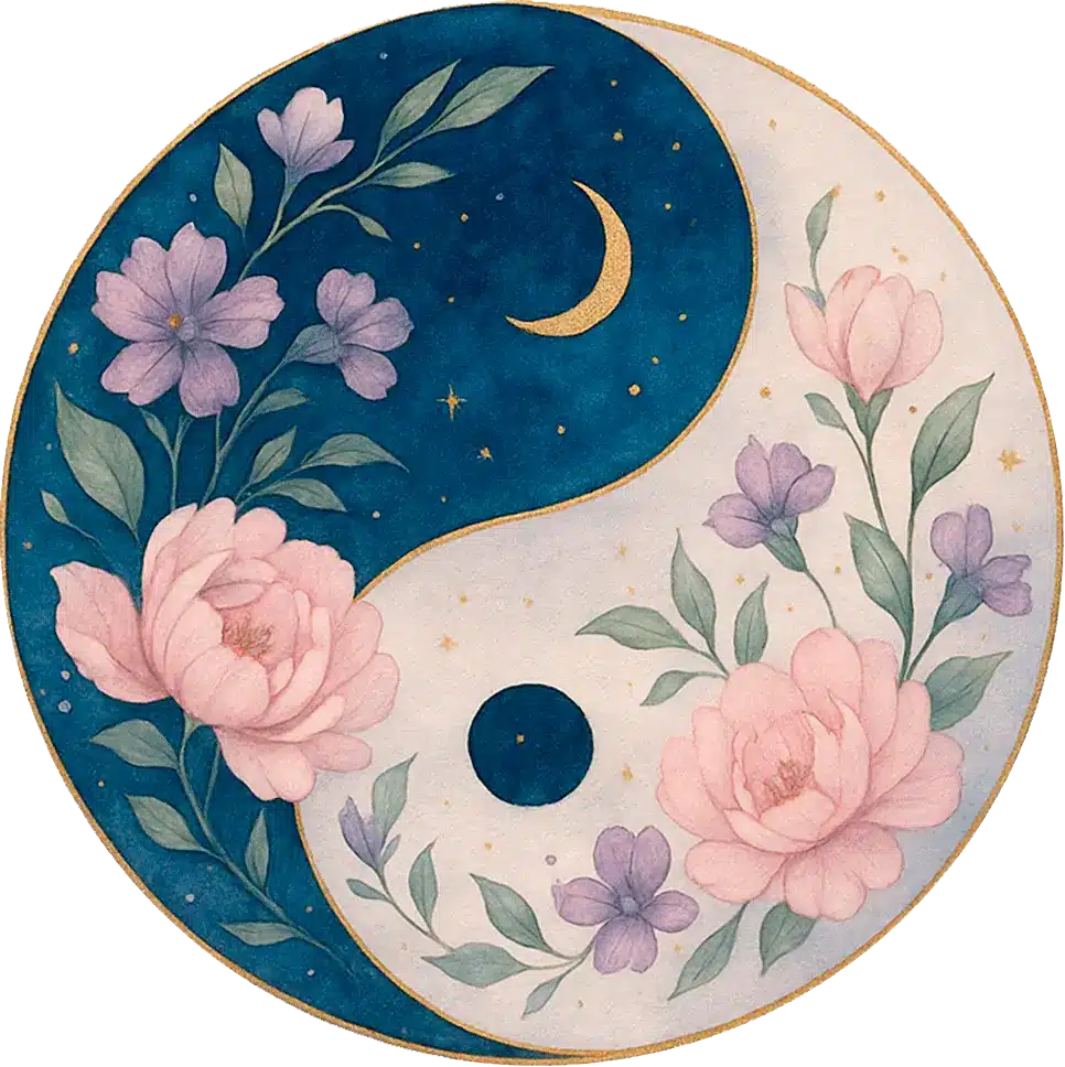 Yin Yang Ilustrado noche y dia con flores